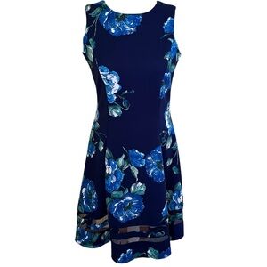 Donna Ricco Navy Blue/Blue Floral Sleeveless Scuba Knit Dress with Mesh Insets